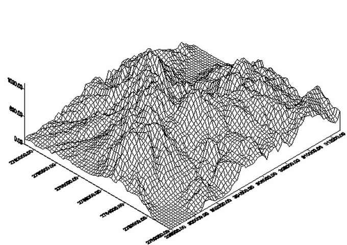 漁網圖，呈現地形的起伏、高度、坡度、坡向等資訊。
