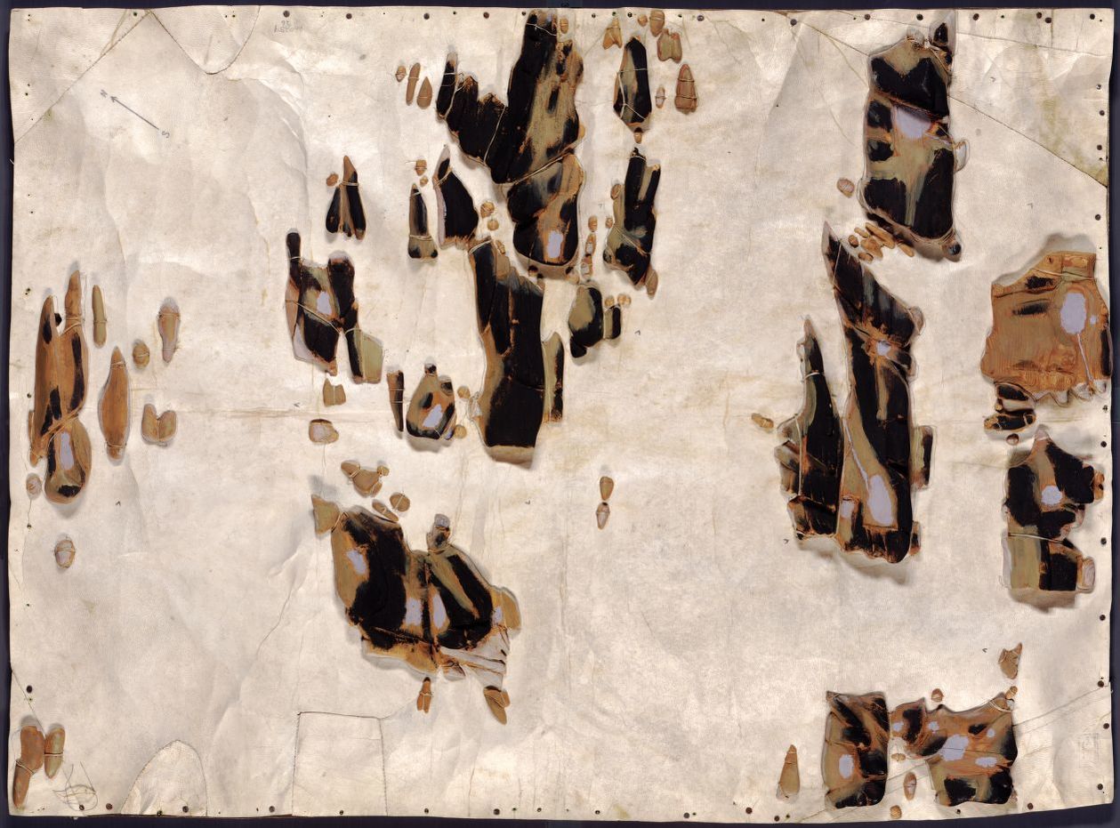 由因紐特人Sandgreen所臨摹其祖先所製作之地圖，以木塊作為島嶼，在左上角有用鉛筆標記的方位。（圖／Library of Congress）