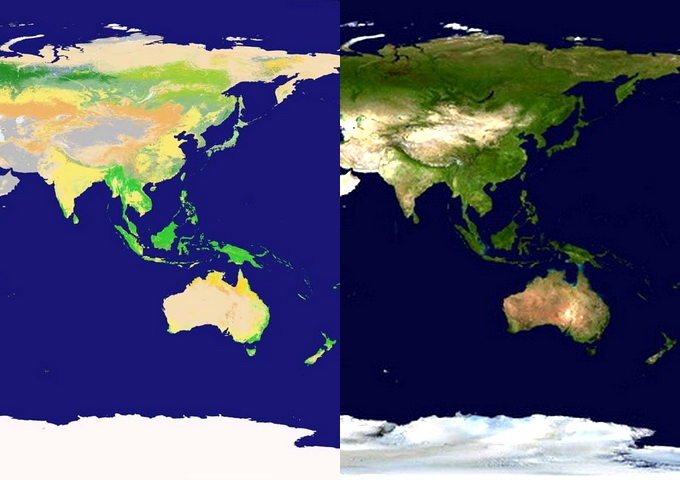 由NASA利用衛星拍攝資料製作的的全球土地利用圖與生態環境圖（部分）