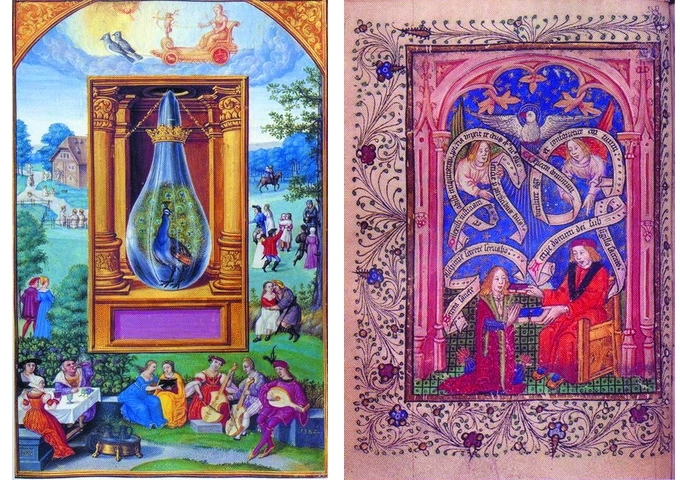 煉金術士諾敦手稿（右）與象徵煉金成功的孔雀（左）