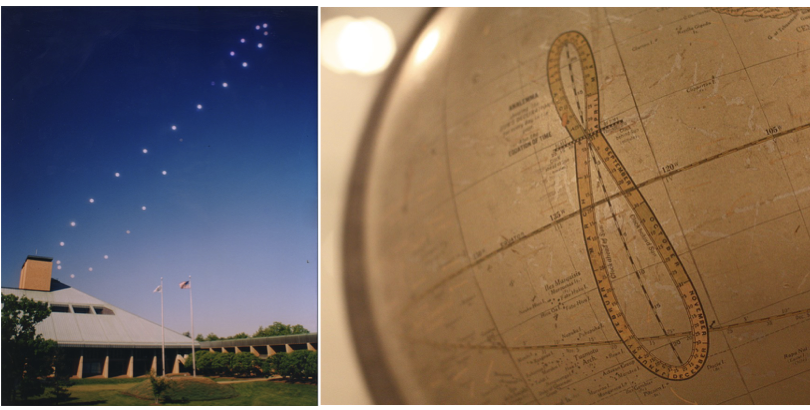 （左）美國新澤西州的貝爾實驗室外拍攝到的太陽軌跡，攝於1998至1999年。（右）地球儀上的太陽軌跡示意圖。（圖／（左）Jfishburn，（右）Politikaner ，wikipedia）