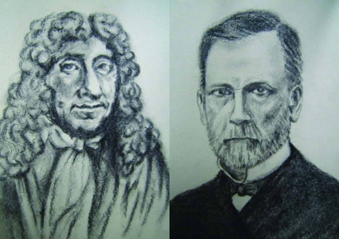 列文虎克（左）與巴斯德（右）的畫像。（圖／張雅鈴繪）