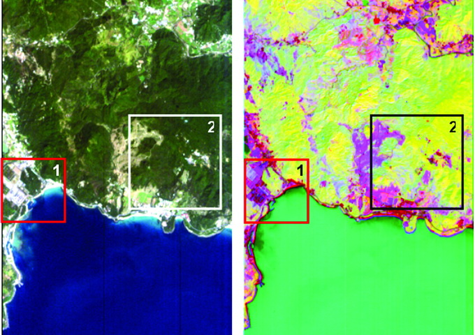 左圖是墾丁地區的真實影像，以模擬人眼所能看見的狀況，可以發現所有的森林、農作物等植被大致呈現綠色，而建物、道路等呈現白色。右圖是該影像資料經過轉換，去除掉雜訊及一些不重要的資訊之後，所形成的假色影像，可以發現在森林當中，面光（黃色區域）及背光（淺綠色區域）的植被區變得更明顯，且農作物與森林也更容易區分出來。（資料來源：中央大學太遙中心蔡富安）