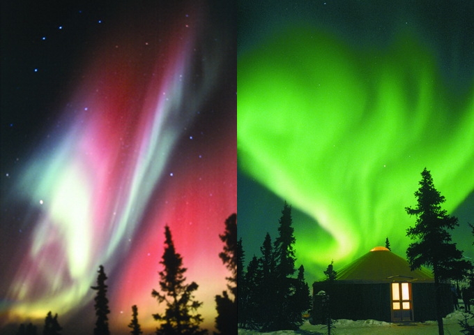 來自太陽風的粒子進入地球極區與地球粒子和空氣碰撞，產生美麗極光。（左圖：美國阿拉斯加州旅遊局；右圖：http://sohowww.nascom.nasa.gov/pickoftheweek/old/08oct2003/teepe e_tournay.jpg）