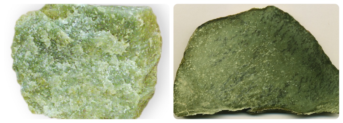 （左）輝玉，由輝石類礦物組成（右）閃玉，由角閃石類礦物組成（圖／（左）Dave Dyet，wikipedia（右）James St. John，flicker）