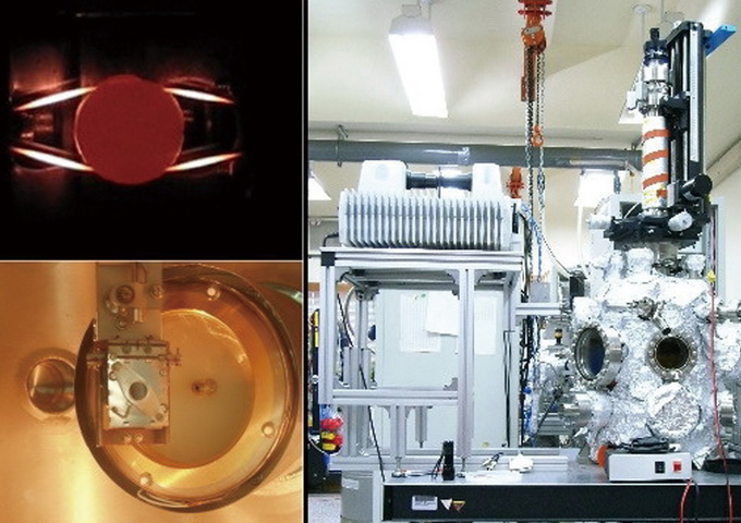 圖右是一超高真空系統；圖左上是超高真空系統內加熱中的樣品；圖左下是超高真空系統內常用的樣品座，後方是一低能電子繞射儀。