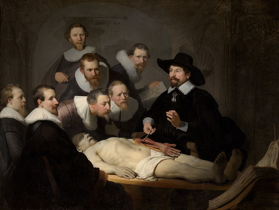 林布蘭的《尼古拉斯·杜爾博士的解剖學課》，繪於1632年。此為林布蘭受阿姆斯特丹外科醫生行會委託所繪，當時外科醫生以動手處理外在問題為主要業務。（圖／wikipedia）