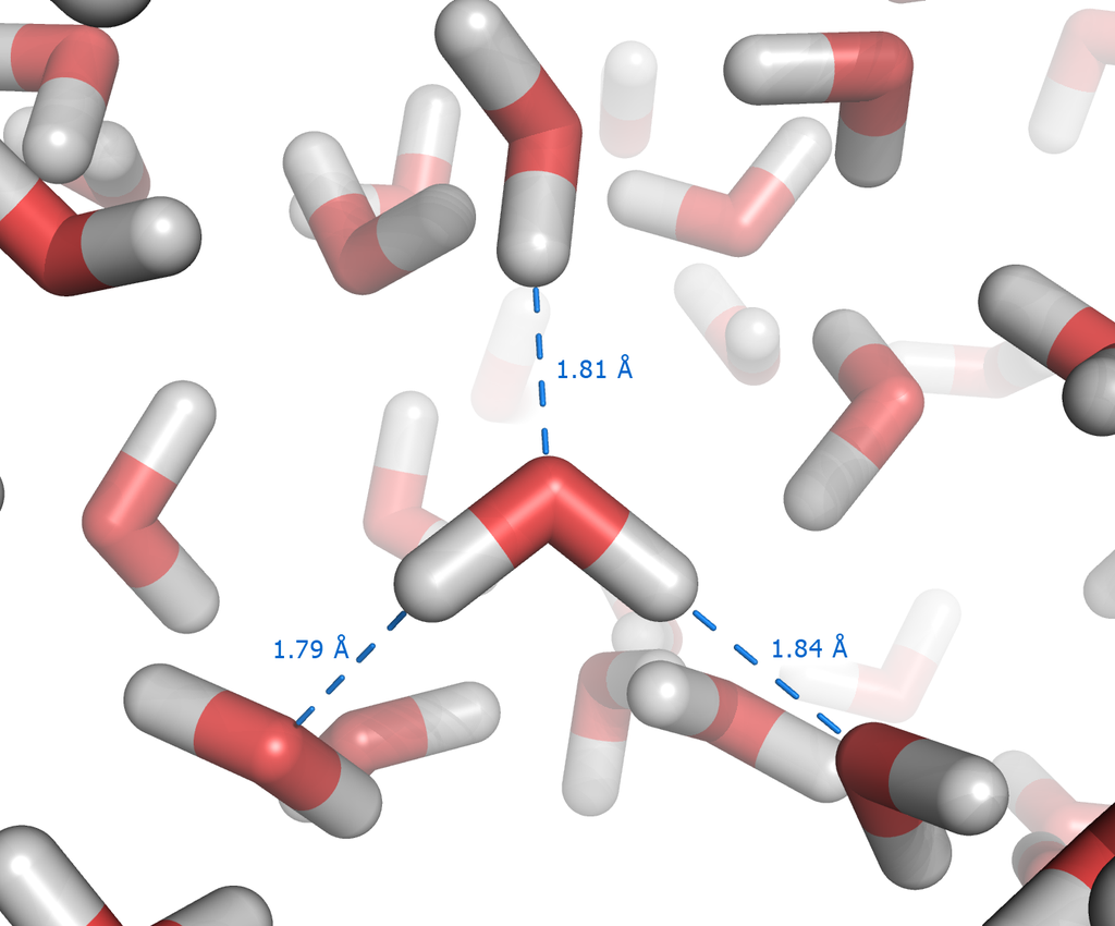 水分子與氫鍵示意圖。水分子接近氫原子核的區域帶較多正電（灰色），接近氧原子核的區域帶較多負電（紅色），不同電性互相吸引形成氫鍵。（圖／Splette，wikipedia）