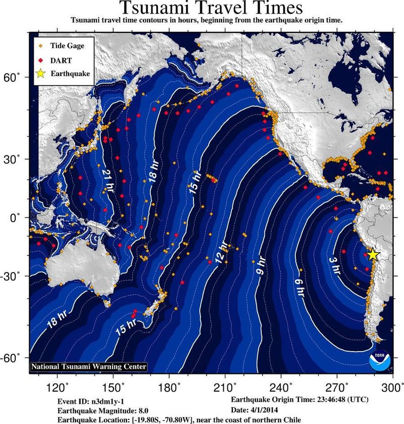 2014年4月1日智利地震造成的海嘯在21小時後越過整個太平洋（圖／NOAA）