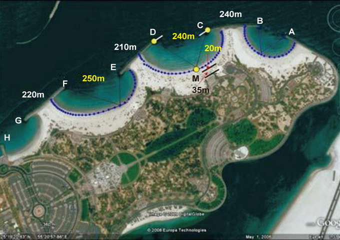 杜拜的Mamzar Beach Park是一處靜態平衡的人工灣岸（圖／Google Earth影像）