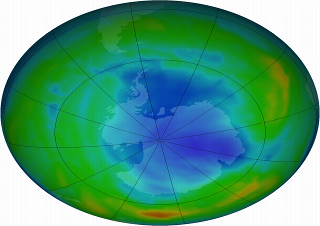 2013年8月的臭氧洞影像，藍色與紫色代表臭氧濃度最低的地區。科學家預估到2032年，南極的臭氧濃度將回復至1980年的水準。(圖／Credit NASA Ozone Watch/Goddard Space Flight Center)