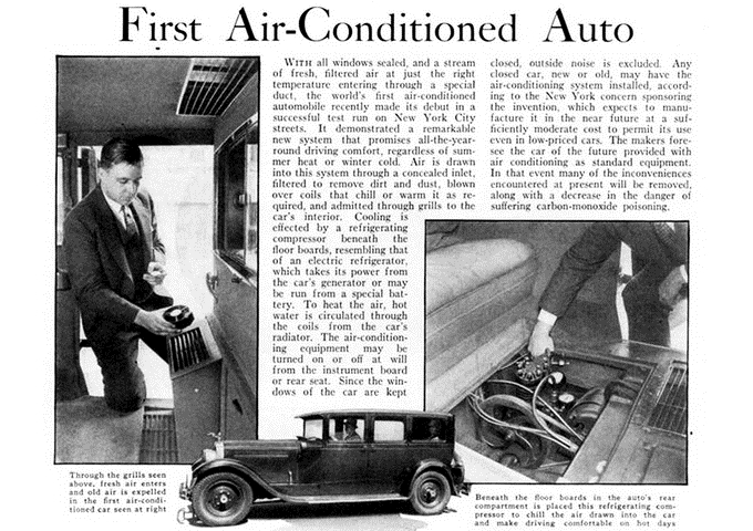 西元1933年，第一部現代冷氣汽車誕生。（圖片來源：Popular Science月刊，‭ ‬1933年11月）