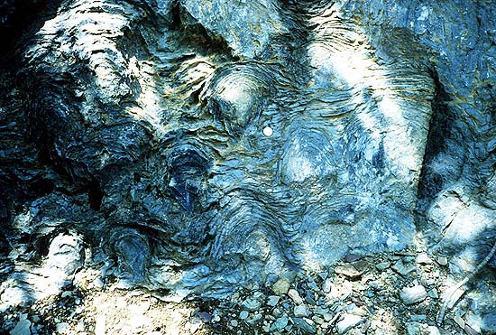 雖然有內外營力在抹去地球過去的樣貌，但仍然會有化石、岩石等物留下，讓科學家了解過去的地球。圖為前寒武紀藍綠藻形成的疊層石，保存於美國冰河國家公園。（圖／wikipedia）