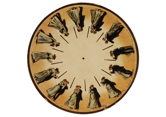 費納奇鏡（Phenakistoscope）一例，為最早的動畫形式。（圖片來源：原物為Eadweard J. Muybridge（1830.4.9–1904.5.8）製作，https://zh.wikipedia.org/wiki/File:Phenakistoscope_3g07690u.jpg）
