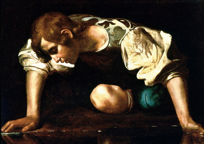 欣賞自己倒影的納西色斯，義大利畫家Caravaggio（1571 -1610）的作品。