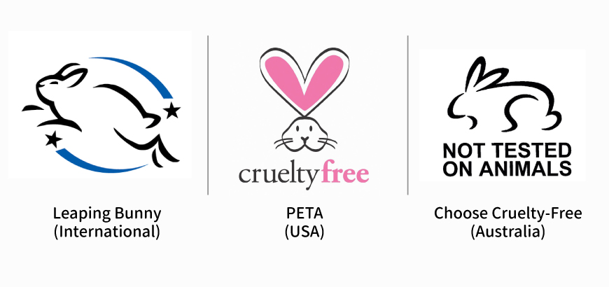 Cruelty-free 認證標章。左圖為CCIV和BUAV認證的標章，中圖為美國的PETA標章，右圖為澳洲的CCF標章。