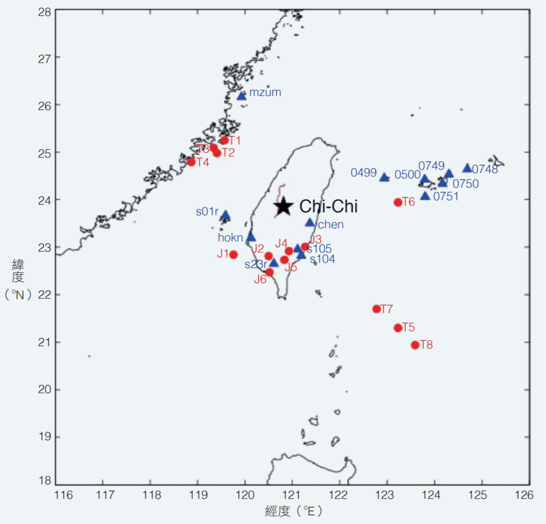 集集大地震期間，台灣和日本地區 14 個地面 GPS接收機及其記錄的電離層擾亂出現（即太空地震儀）的位置。黑星：集集震央。藍三角：地面 GPS接收機。紅點：太空地震儀。T 和 J 分別代表台灣和日本地面 GPS 接收機對應衍生的太空地震儀。