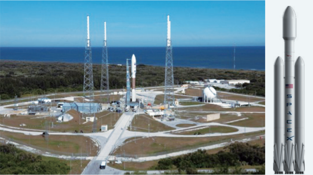 獵鷹重型火箭在LC-39A發射場的近照（左圖），以及福衛七號衛星搭載的獵鷹重型火箭（右圖）。（圖片來源：SpaceX 公司）
