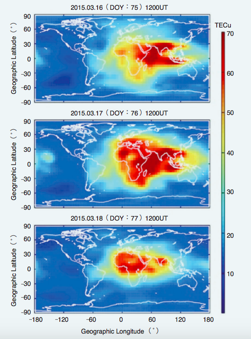 結合福衛三號等衛星觀測的資料同化結果，顯示在 2015 年聖派翠克磁暴產生期間，電離層於磁暴前 一天、主相位、回復相位時於格林威治時間 12:00 （台灣時間 20:00）的電漿含量變化情形。