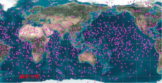 福衛七號衛星的無線電掩星資料散布圖。（圖片來源：福衛三號資料分析中心，http://cdaac-www.cosmic.ucar.edu/）