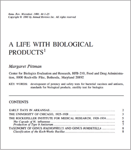 1990 年皮特曼博士受《Annual Review of Microbiology》期刊邀約寫作的回顧文章，內容是有關她從事生物製劑研究的經歷。