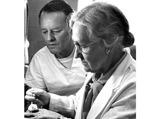 皮特曼博士與她在國家衛生研究院的的同僚詹姆士．馬歇爾博士（Dr. James Marshall, 1913-1979）利用小鼠從事研究。（圖／Courtesy of the U.S. Food and Drug Administration）