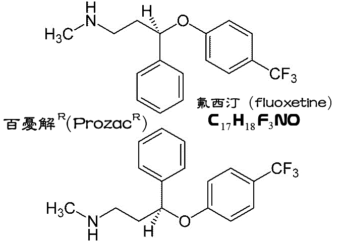 百憂解（Prozac）主成分氟西汀（fluoxetine）的2D化學結構式。（圖／Wikipedia）