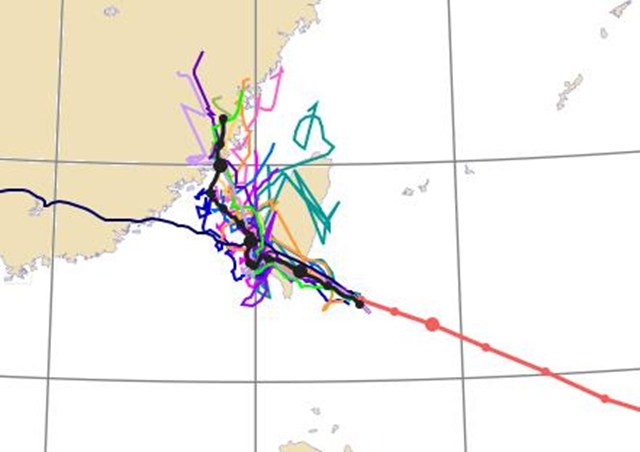 圖2：根據颱洪中心的系集模擬，出海後的路徑宛如天女散花，分歧非常大。（圖／氣象專家吳德榮提供）