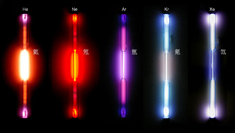 不同氣體填充的霓虹燈會發出不同的光芒（圖／Alchemist-hp，wikimedia commons。此圖修改過元素標示）