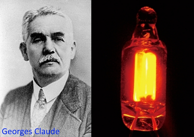 喬治．克勞德（左圖）發明霓虹燈，氖原子會發出橘紅色的光（右圖）。
