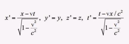 任意兩個相對做等速直線運動（相對速度是 v）的慣性系 S 與 S' 之間的空間與時間座標轉換。