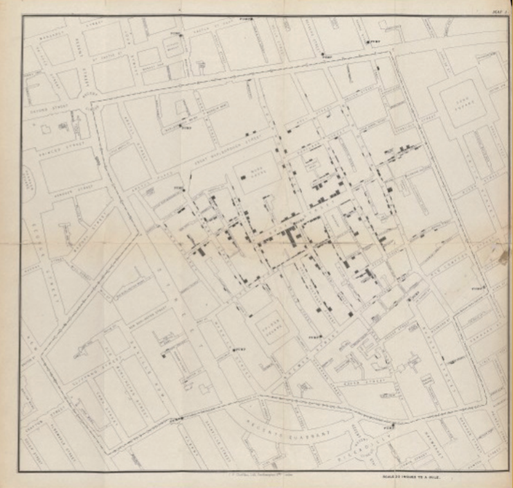 1854 年在倫敦蘇活區的高登廣場發生霍亂疫情。（圖／Wellcome Library）
