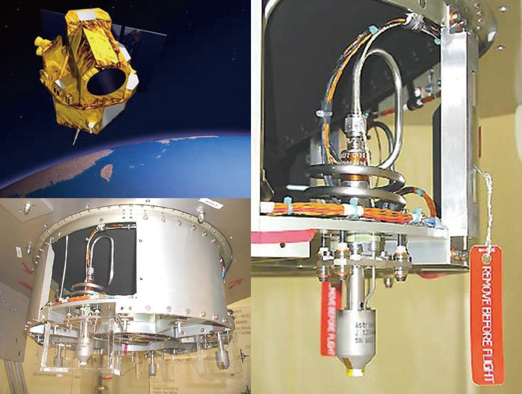 福爾摩沙二號衛星透過4具1牛頓推力等級的聯胺單基推進器進行其姿態與軌道控制（圖片來源：福衛二號推進器製造商Airbus Safran Launchers Space Propulsion公司網頁；http://www.space-propulsion.com/）