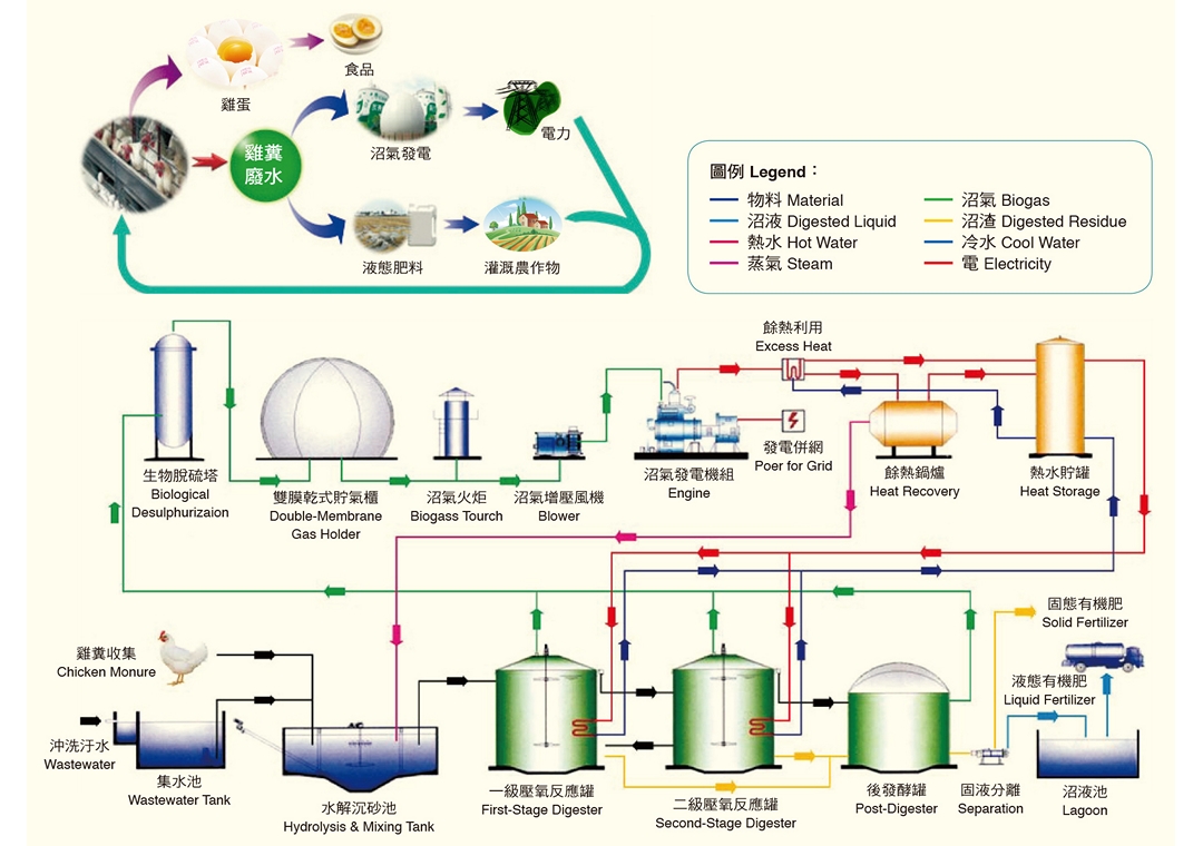 牧場再生綠能系統的流程圖（圖／石安牧場、台綜院繪製）