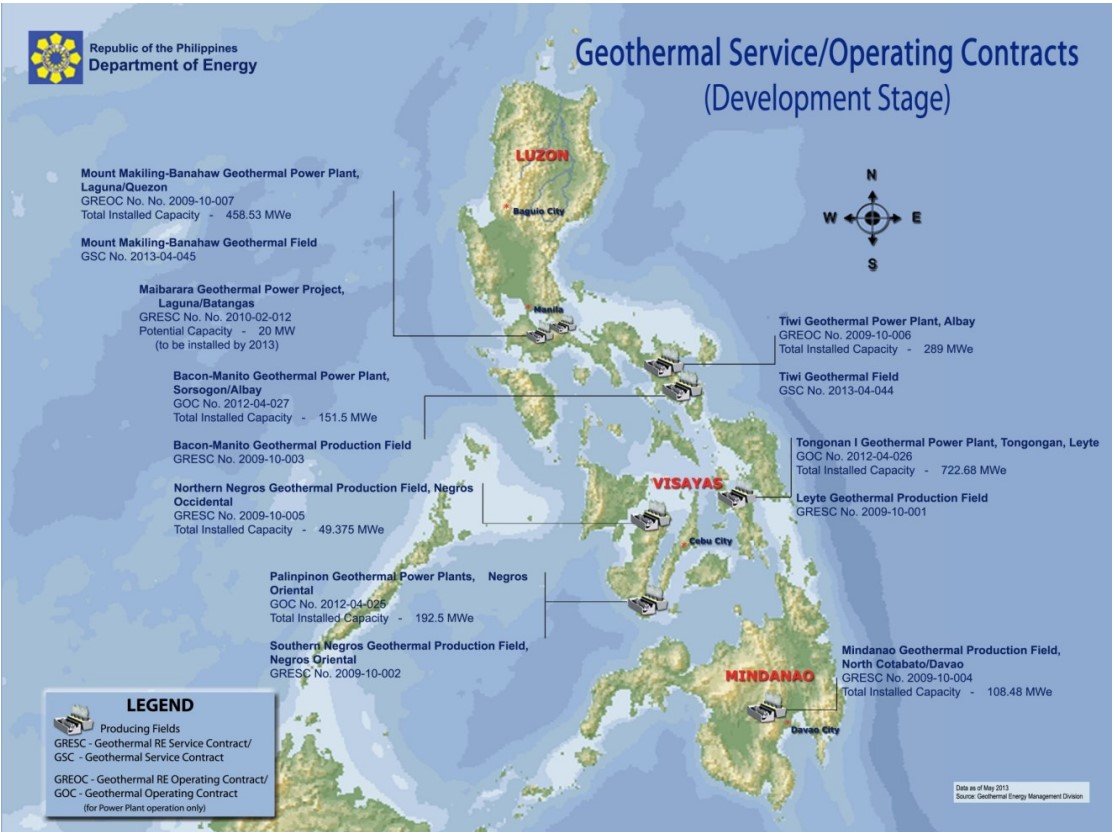 2013年菲律賓地熱發電位置及地熱合約發展階段圖 (來源：Ariel D. Fronda et al. Geothermal Development in the Philippines The Country Update, April 2015)