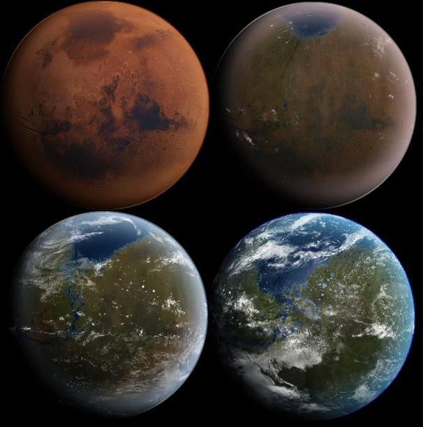 火星地球化。 ( 圖片來源：https://upload.wikimedia.org/wikipedia/commons/thumb/7/7f/MarsTransitionV.jpg/800px-MarsTransitionV.jpg )