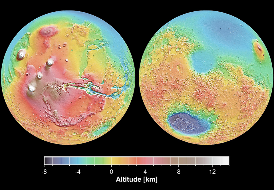 全球測量者號以雷射測量地表高度後，繪製出的火星地表樣貌 （圖片來源：NASA/JPL）