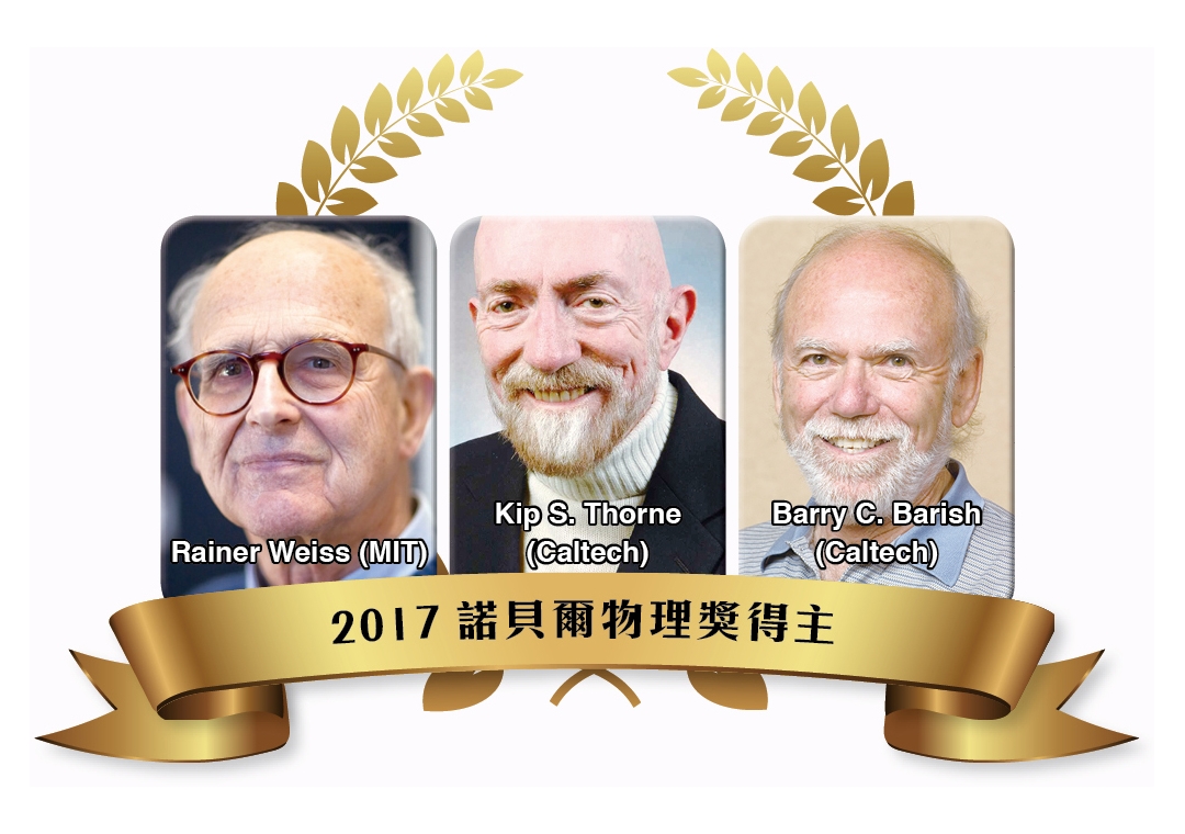2017年的諾貝爾物理獎頒給了對LIGO計畫貢獻卓越的萊納．魏斯（Rainer Weiss）、基普．索恩（Kip S. Thorne）及巴瑞．巴利許（Barry Barish）3位學者（圖片來源：LIGO Scientific Collaboration）