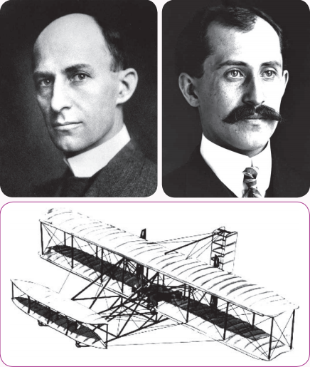 美 國 的 萊 特 兄 弟（Wilbur Wright， 上 左 圖；Orville Wright，上右圖）發明了世界上第一架飛機。