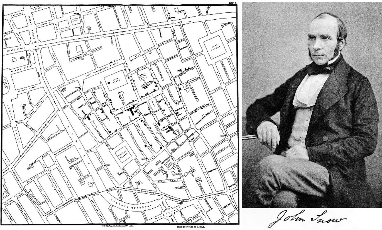 1854年斯諾在倫敦霍亂爆發時研究個案時用的地圖。（圖片來源：維基百科／網址：https://goo.gl/s2GWGR）