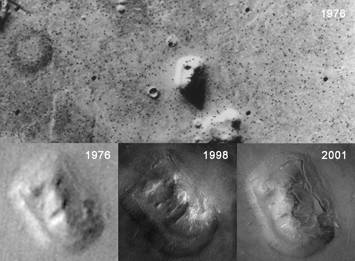 維京1號拍攝的猿面山照片（上），在提高解析度以後（下）顯示是座小山。 （圖／NASA）