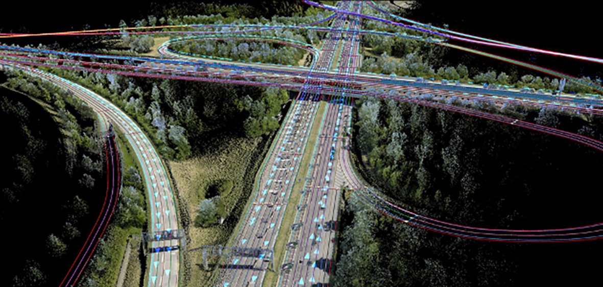 由NVIDIA 打造的，提供自動駕駛車所使用的高精準地圖，包含許多精密的道路相關資訊。（圖片來源：https://blogs.nvidia.com.tw/2016/04/self-driving-cars-2/#）