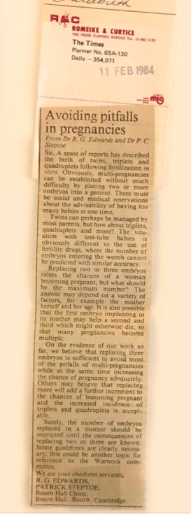Edwards 與 Steptoe 在 1984 年就開始投書報紙，提醒大家注意體外受精技術與多胞胎現象。