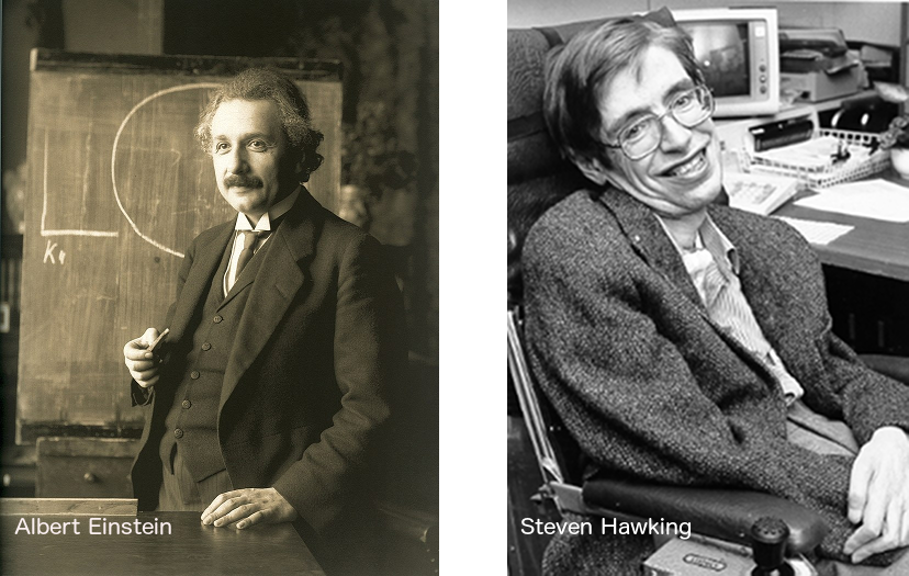 愛因斯坦在維也納演講(左)以及霍金在NASA(右)時的照片(圖片來源：維基百科，Public Domain)