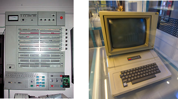 IBM 360（左）與蘋果的Apple II（右）。（圖片來源：Wikipedia，Author:Michael J. Ross，CC BY-SA 3.0 license；Wikipedia，Author:Maksym Kozlenko，CC BY-SA 4.0 license）