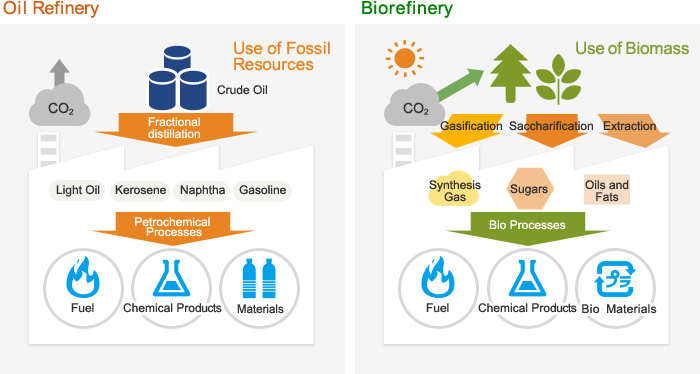 石油煉製與生物煉製的原料、轉化過程、產物之差異[1](左：石油煉製；右：生物煉製)
