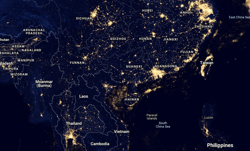 NASA繪製全球光害地圖（2012年版）局部。（圖／https://blue-marble.de/nightlights/2012）