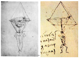 降落傘設計圖。（左圖）已知最古老設計圖， 1470年代由意大利不知名人士繪製；（右圖）1485年達文西繪製。（圖片來源：維基百科）