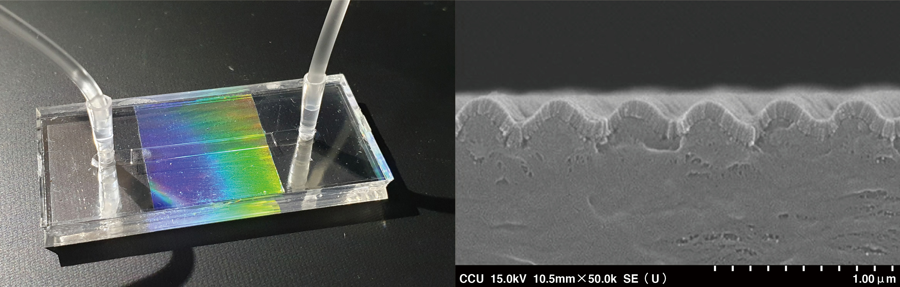 張國恩教授團隊研發的泛用型液體檢測技術可製作具有波浪狀的奈米結構（圖右），且是用獨家的塑膠射出成型技術製作（圖左），有很高的應用推廣性。