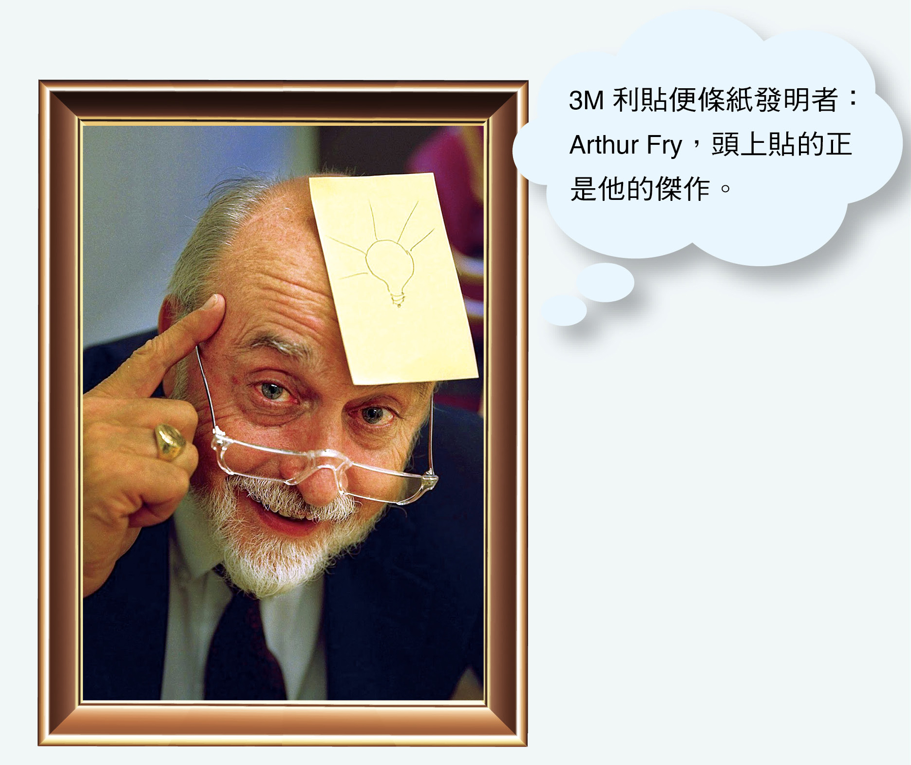 3M利貼便條紙發明者：Arthur Fry，頭上貼的正是他的傑作。（圖／3M網站）